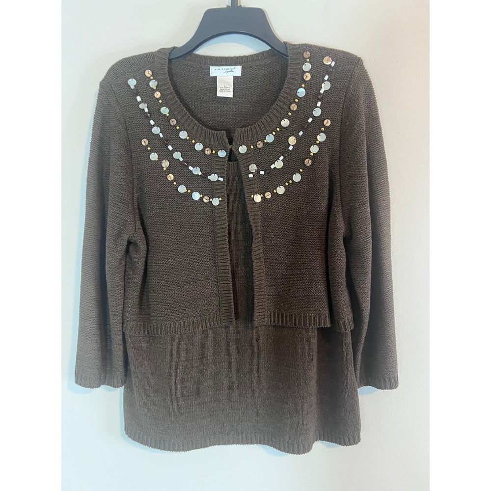 Kim Rogers Signature Brown Knit Twin Set Cardigan Shell Beaded Embellished L